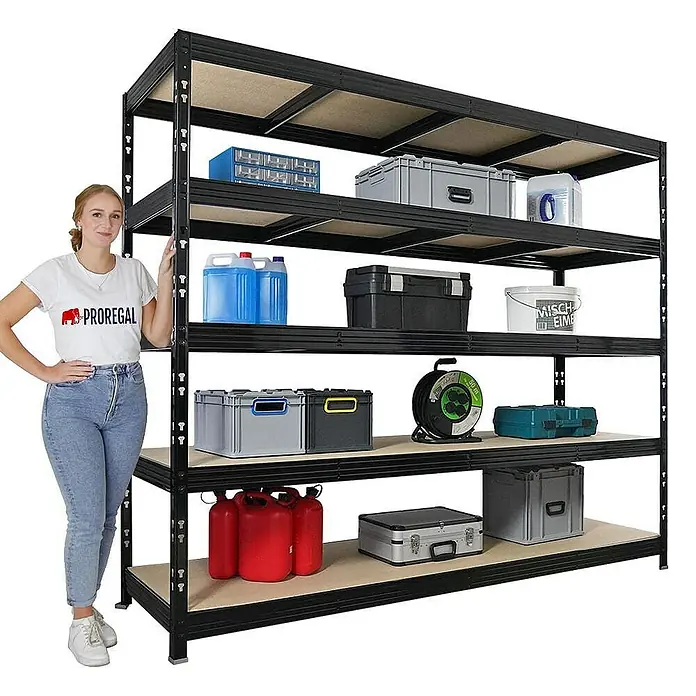 Proregal Schwerlastregal Mega Deal 4x Profi RHINO - Traglast pro Boden: 450 kg, Anzahl Böden: 5 Stk., Stecken, Schwarz