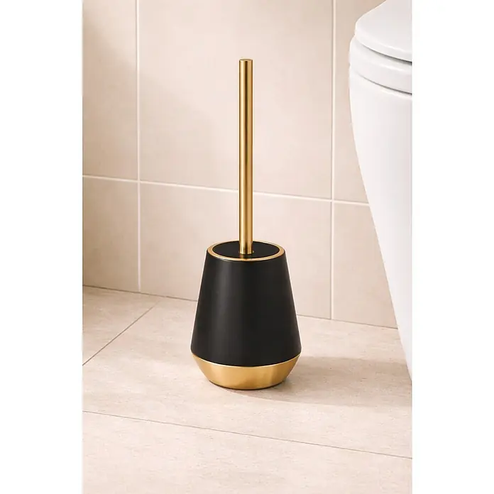 Spirella Joshua Escobillero - Altura: 38,5 cm, Cerámica, Negro y dorado - Elegante escobilla de baño en negro y dorado. El diseño moderno con el mango dorado encaja perfectamente en cualquier baño.