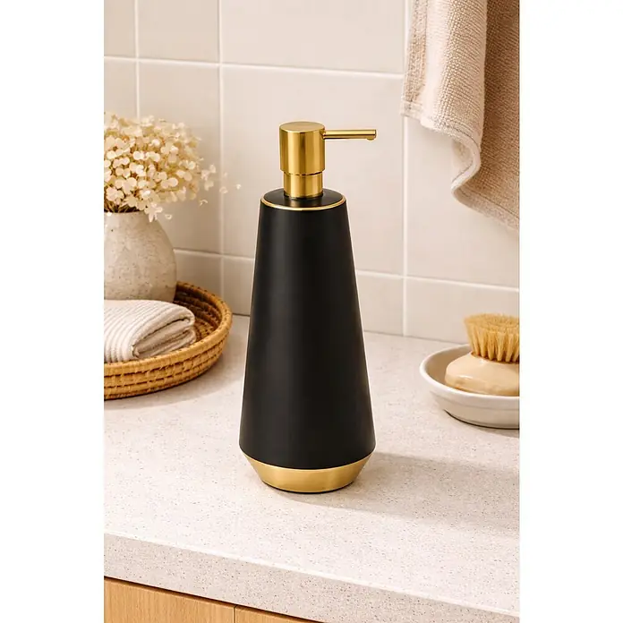 Spirella Joshua Dosificador de jabón - Cerámica, Negro y dorado - Elegante dispensador de jabón negro con detalles dorados para un ambiente de baño elegante.\n