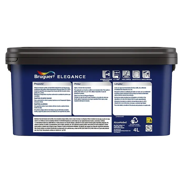 Bruguer Elegance Pintura para paredes - Beige arena, Mate, 4 l - Primer plano de un cubo de pintura Bruguer ELEGANCE con información del producto, ideal para interiores y exteriores.