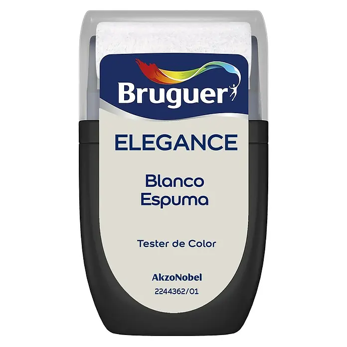 Bruguer Elegance Tester de pintura - Blanco espuma, Mate, 30 ml - Primer plano de un probador de pintura Bruguer Elegance en Blanco Espuma, que muestra la elegante paleta de colores para tu hogar.