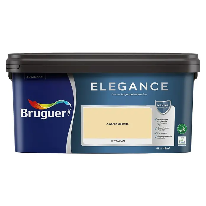 Bruguer Elegance Pintura para paredes - Amarillo destello, Mate, 4 l - Envase de pintura Bruguer Elegance en color Amarillo Destello. Ideal para hogares elegantes con máxima durabilidad y color de larga duración.