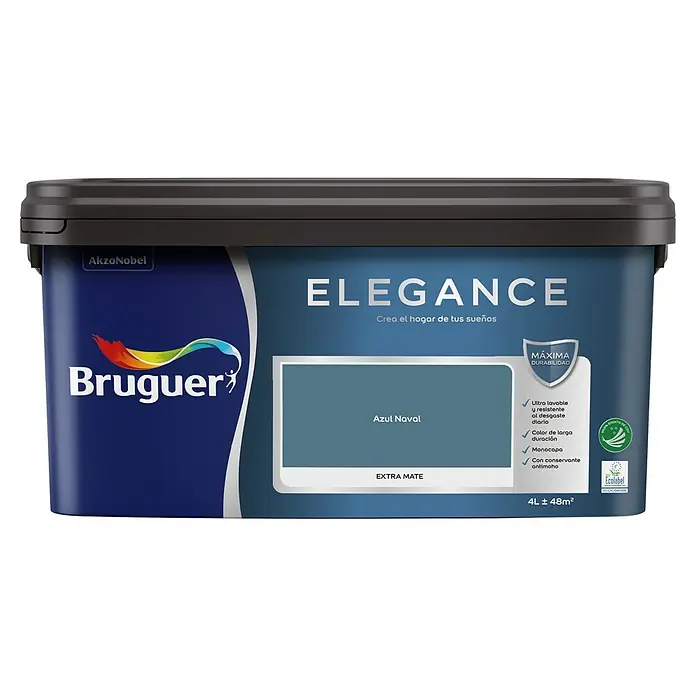 Bruguer Elegance Pintura para paredes - Azul naval, Mate, 4 l - Un bote de pintura Bruguer Elegance Azul Naval Extra Mate, de 4L, para interiores duraderos y lavables, con máxima cobertura.