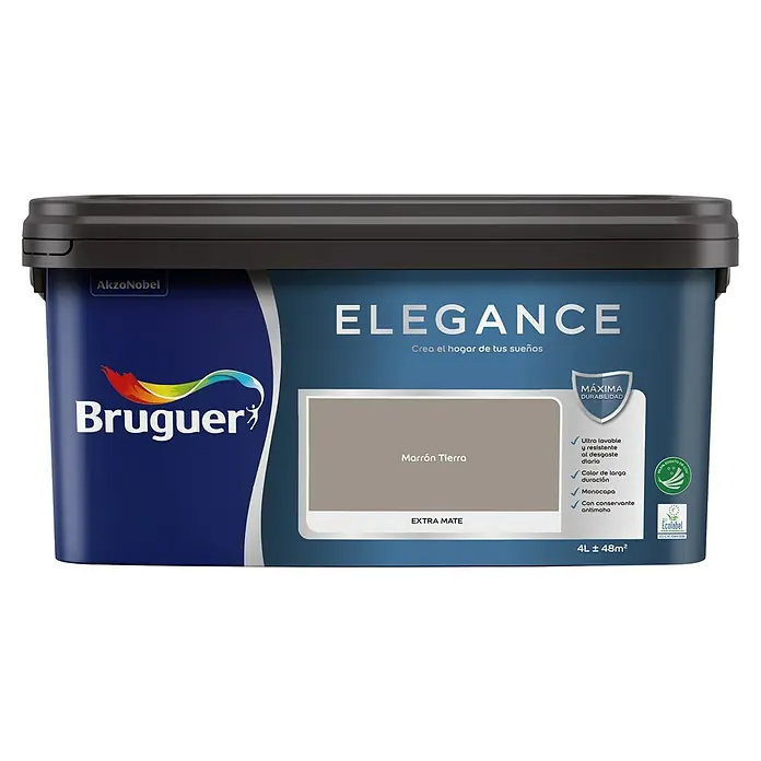 Bruguer Elegance Pintura para paredes - Marrón tierra, Mate, 4 l - Cubeta de pintura Bruguer Elegance Marrón Tierra. Pintura elegante, extra mate para un hogar hermoso, con color de larga duración y fácil de limpiar.
