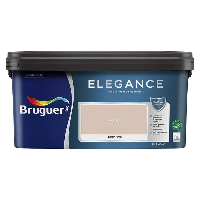 Bruguer Elegance Pintura para paredes - Rosa antiguo, Mate, 4 l - Bote de pintura Bruguer Elegance en rosa antiguo. La pintura mate es ultra lavable, duradera y resistente al moho, ideal para interiores.
