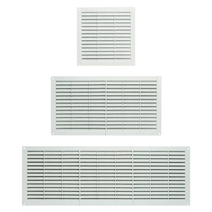 Odem Rejilla de ventilación - 23 x 43 cm, Plástico - Imagen de tres rejillas de ventilación blancas de diferentes tamaños. Las rejillas son rectangulares con ranuras horizontales.