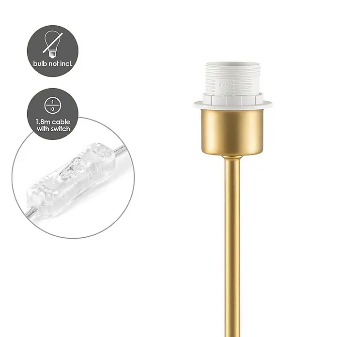Home Sweet Home Lampenfuß Single - 40 W, Farbe: Messing, Höhe: 37 cm - Produktabbildung einer goldenen Lampenfassung mit Schalterkabel und Hinweis, dass die Glühbirne nicht enthalten ist.