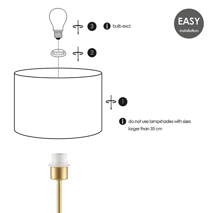 Home Sweet Home Lampenfuß Single - 40 W, Farbe: Messing, Höhe: 37 cm - Eine Montageanleitung für eine Lampe, die die Reihenfolge der Schritte zum Anbringen des Lampenschirms und der Glühbirne zeigt.