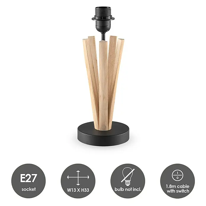 Home Sweet Home Lampenfuß Bindy - 40 W, Farbe: Weiß, Höhe: 33 cm - Nahaufnahme einer eleganten Tischleuchte mit Holzstäben und schwarzem Sockel. Die Lampe hat eine E27 Fassung und ein 1.8m Kabel.