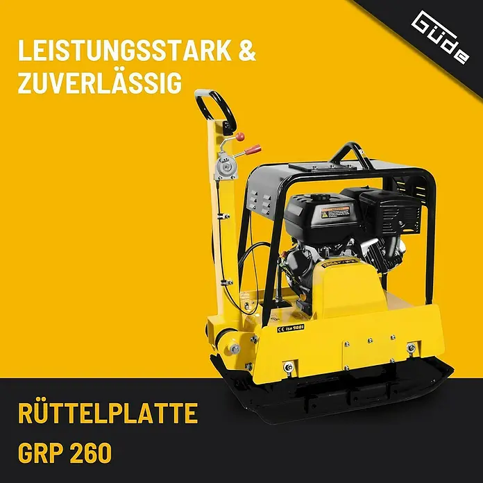 Güde Rüttelplatte GRP 260 - 8,2 kW, Verdichtungsdruck: 38 kN - Das Bild zeigt eine gelbe Güde Rüttelplatte GRP 260, die für ihre Leistungsstärke und Zuverlässigkeit bekannt ist. Perfekt für den professionellen Einsatz.