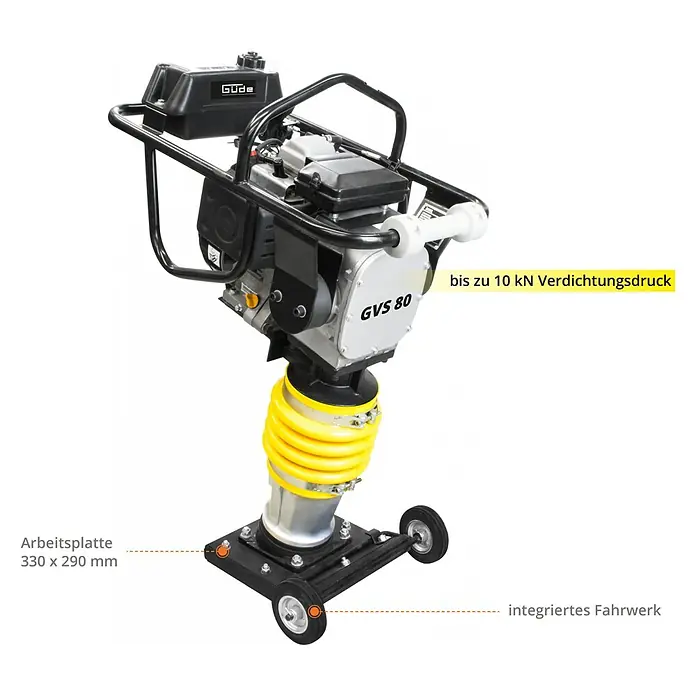 Güde Vibrationsstampfer GVS 80 - Max. Vorwärtsgeschwindigkeit: 9,5 m/min, Maße Stampfplatte: 330 x 290 mm, Verdichtungstiefe: 45 cm, Motorleistung: 3,2 kW - Abgebildete Stampfer GVS 80 von Güde mit einer Arbeitsplatte von 330 x 290 mm und integriertem Fahrwerk. Bis zu 10 kN Verdichtungsdruck.
