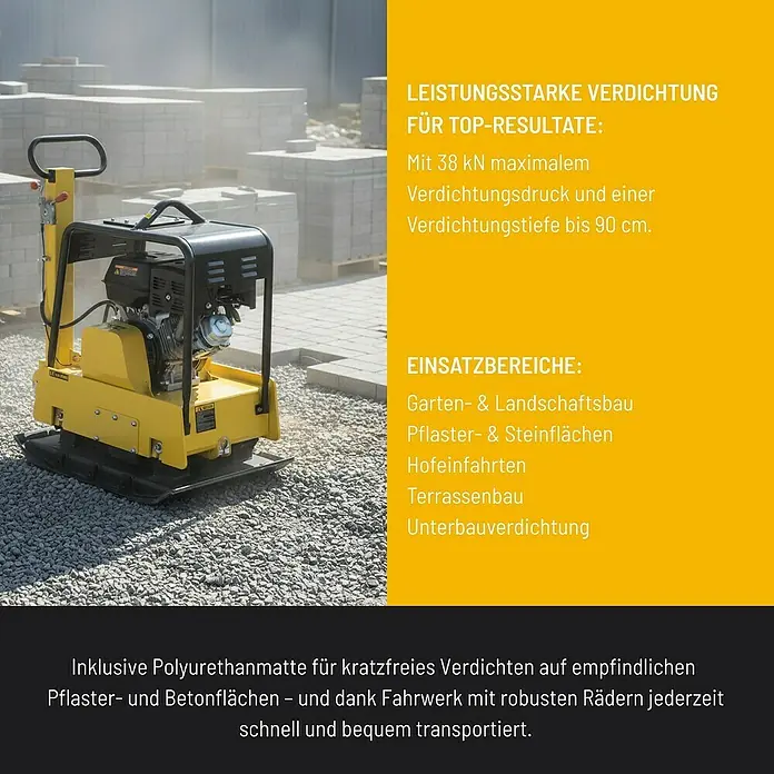 Güde Rüttelplatte GRP 260 - 8,2 kW, Verdichtungsdruck: 38 kN - Bild einer gelben Rüttelplatte mit Text, der ihre Leistungsfähigkeit und Einsatzbereiche hervorhebt.