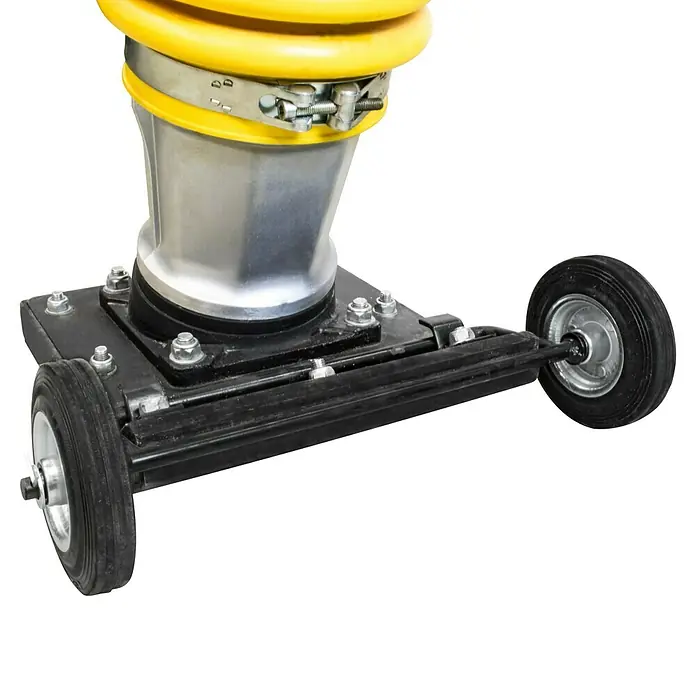 Güde Vibrationsstampfer GVS 80 - Max. Vorwärtsgeschwindigkeit: 9,5 m/min, Maße Stampfplatte: 330 x 290 mm, Verdichtungstiefe: 45 cm, Motorleistung: 3,2 kW - Detailaufnahme eines fahrbaren Industriestaubsaugers mit gelbem Schlauch. Perfekt für den Einsatz in Werkstätten und Industrieanlagen.