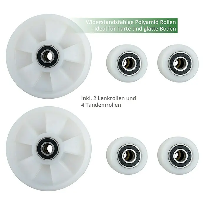 Güde Hubwagenrad Set Außen - 6 -tlg. - Abbildung von weißen Polyamid Rollen, 2 Lenkrollen und 4 Tandemrollen, widerstandsfähig und ideal für harte und glatte Böden.