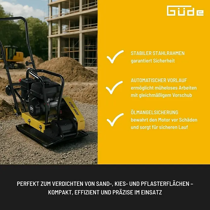 Güde Rüttelplatte GRP 80E - 4,1 kW, Verdichtungsdruck: 14 kN - Produktbild der Güde Rüttelplatte GRP 80E, ideal zum Verdichten von Sand, Kies und Pflasterflächen. Kompakt, effizient und präzise im Einsatz.