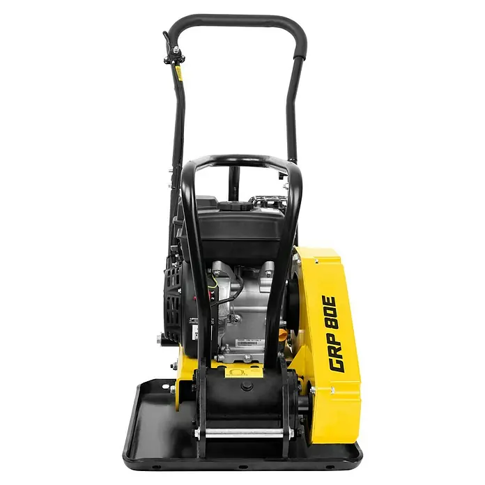 Güde Rüttelplatte GRP 80E - 4,1 kW, Verdichtungsdruck: 14 kN - Bild einer GRP 80E Rüttelplatte in Gelb und Schwarz, ideal für Verdichtungsarbeiten.