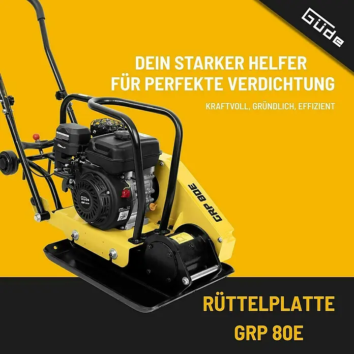 Güde Rüttelplatte GRP 80E - 4,1 kW, Verdichtungsdruck: 14 kN - Das Bild zeigt eine gelbe Rüttelplatte GRP 80E von Güde, ein robustes Gerät für die Bodenverdichtung.