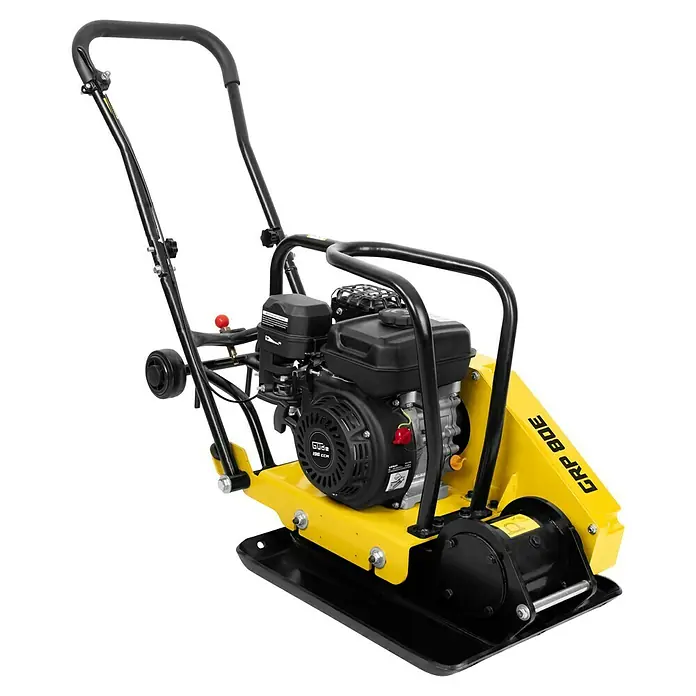 Güde Rüttelplatte GRP 80E - 4,1 kW, Verdichtungsdruck: 14 kN - Ein gelb-schwarzer GÜDE GRP 80E Vibrationsstampfer, ideal für Verdichtungsarbeiten im Garten- und Landschaftsbau.