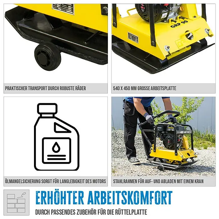 Güde Rüttelplatte GRP 90 - 4,1 kW, Verdichtungsdruck: 16 kN - Rüttelplatte mit robusten Rädern für einfachen Transport und 540 x 450 mm großer Arbeitsplatte.