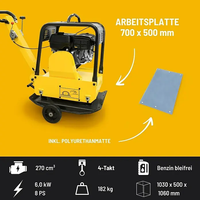 Güde Rüttelplatte GRP 160 - 6 kW, Verdichtungsdruck: 30 kN - Abbildung einer gelben Vibrationsplatte mit den technischen Daten und einer Polyurethanmatte.