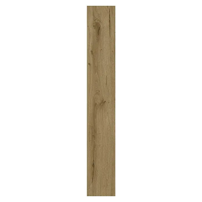 Vinylboden SPC - Eiche Tobacco, Landhausdiele, 1.220 x 182 x 3,5 mm - Detailaufnahme einer einzelnen Holzdiele mit natürlicher Maserung und Astlöchern. Perfekt für rustikale Boden- oder Wandgestaltung.