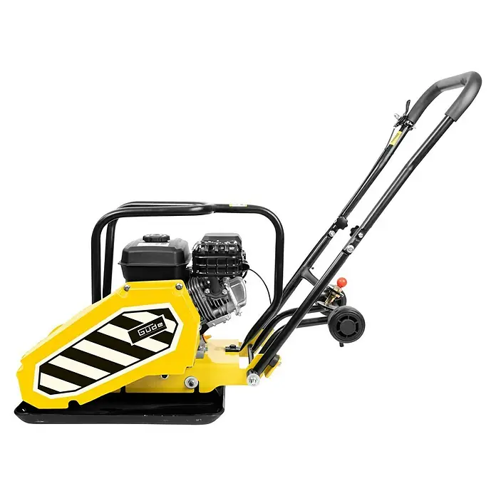 Güde Rüttelplatte GRP 80E - 4,1 kW, Verdichtungsdruck: 14 kN - Der Güde Vibrationsstampfer mit gelbem Gehäuse und auffälligen schwarzen Streifen für zuverlässige Bodenverdichtung.