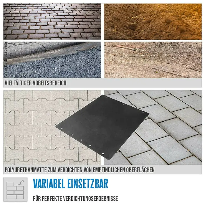 Güde Rüttelplatte GRP 90 - 4,1 kW, Verdichtungsdruck: 16 kN - Polyurethanmatte für empfindliche Oberflächen. Variabel einsetzbar für perfekte Verdichtungsergebnisse.