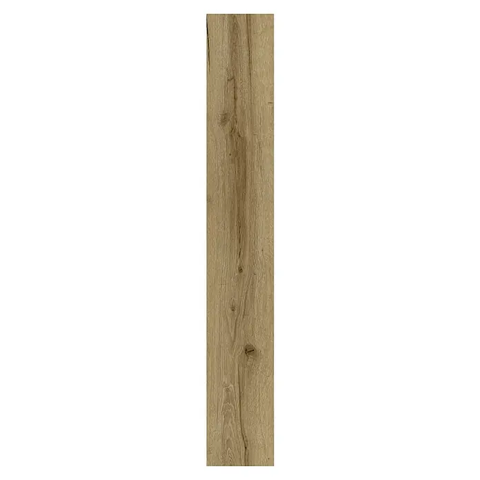 Vinylboden SPC - Eiche Tobacco, Landhausdiele, 1.220 x 182 x 3,5 mm - Nahaufnahme einer einzelnen, länglichen Holzdiele mit markanter Maserung und warmen Brauntönen. Sie könnte Teil eines Fußbodens sein.