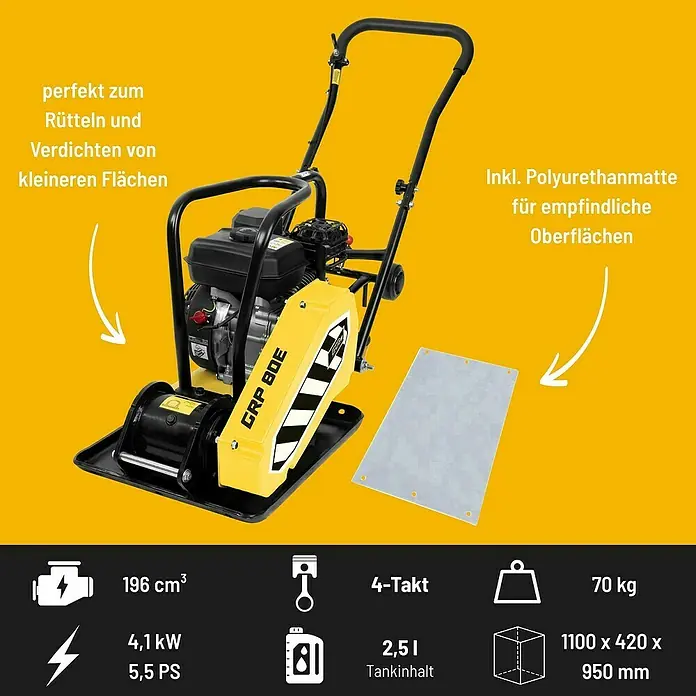 Güde Rüttelplatte GRP 80E - 4,1 kW, Verdichtungsdruck: 14 kN - Bild einer gelben GRP 80E Rüttelplatte mit Polyurethanmatte, ideal zum Verdichten kleinerer Flächen und zum Schutz empfindlicher Oberflächen.