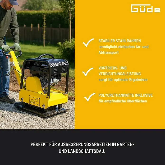 Güde Rüttelplatte GRP 160 - 6 kW, Verdichtungsdruck: 30 kN - Das Bild zeigt eine gelbe Güde Rüttelplatte bei der Arbeit, ideal für Garten- und Landschaftsbau.