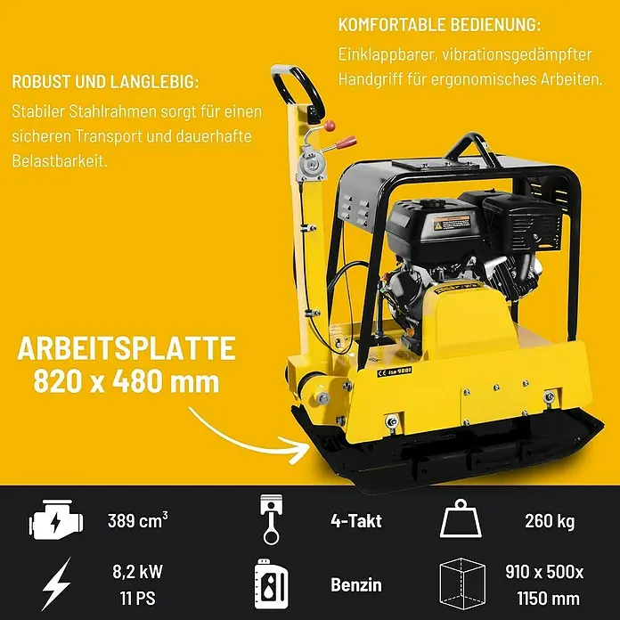 Güde Rüttelplatte GRP 260 - 8,2 kW, Verdichtungsdruck: 38 kN - Bild einer gelben Rüttelplatte mit technischen Daten wie Arbeitsfläche, Hubraum und Gewicht.