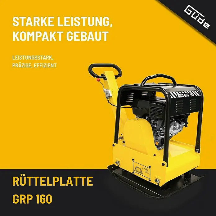 Güde Rüttelplatte GRP 160 - 6 kW, Verdichtungsdruck: 30 kN - Abgebildet ist eine gelbe Rüttelplatte GRP 160 von Güde. Sie ist leistungsstark, präzise und effizient für den professionellen Einsatz.