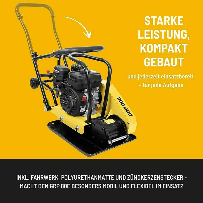 Güde Rüttelplatte GRP 80E - 4,1 kW, Verdichtungsdruck: 14 kN - Produktansicht der gelben Vibrationsplatte GRP 80E mit schwarzem Motor und Griff, ideal für Verdichtungsarbeiten auf Baustellen.
