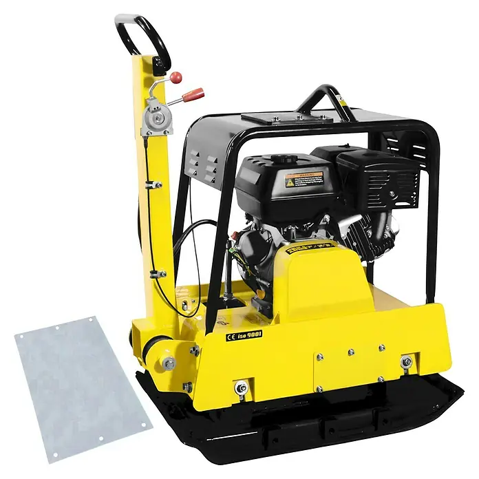 Güde Rüttelplatte GRP 260 - 8,2 kW, Verdichtungsdruck: 38 kN - Gelber Vibrationsplattenverdichter mit schwarzem Motorrahmen und transparenter Schutzmatte für Arbeiten im Straßen- und Landschaftsbau.