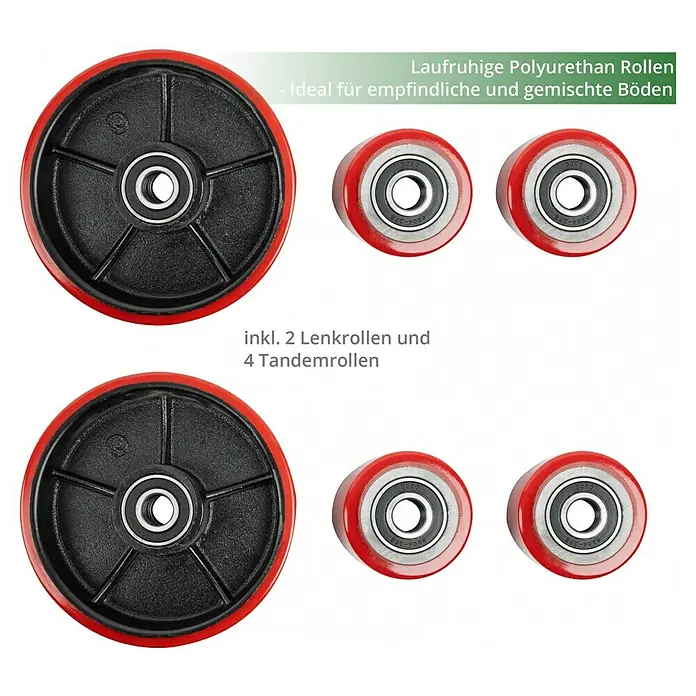 Güde Hubwagenrad Set Innen - 6 -tlg. - Abbildung von zwei Lenkrollen und vier Tandemrollen mit Polyurethanbeschichtung in Rot und Schwarz.
