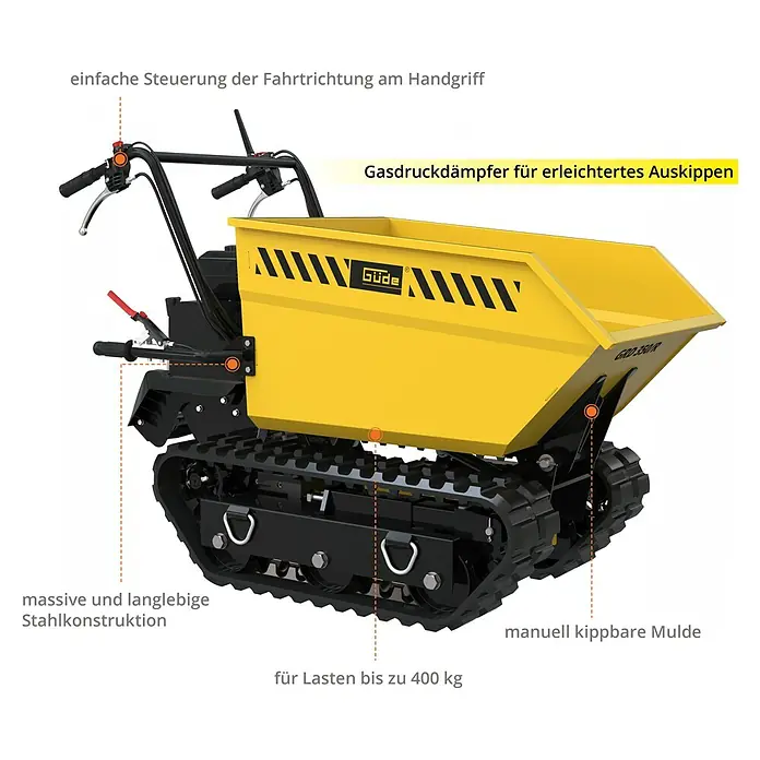 Güde Kettendumper GRD 400/R - 4.100 W - Bild eines gelben Raupendumpers Güde GRD 350R mit Detailbeschreibungen.