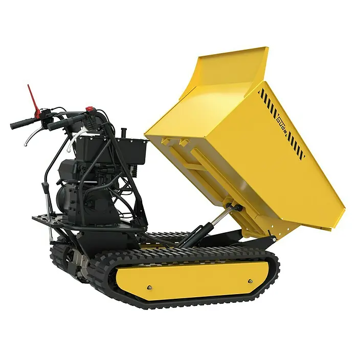 Güde Kettendumper GRD 500/R - Motorbetrieben, Fassungsvermögen: 230 l, Traglast: 500 kg - Abgebildeter gelber Raupendumper von Güde, ein vielseitiges Baufahrzeug für schwer zugängliches Gelände. Erleichtert Transporte auf Baustellen.