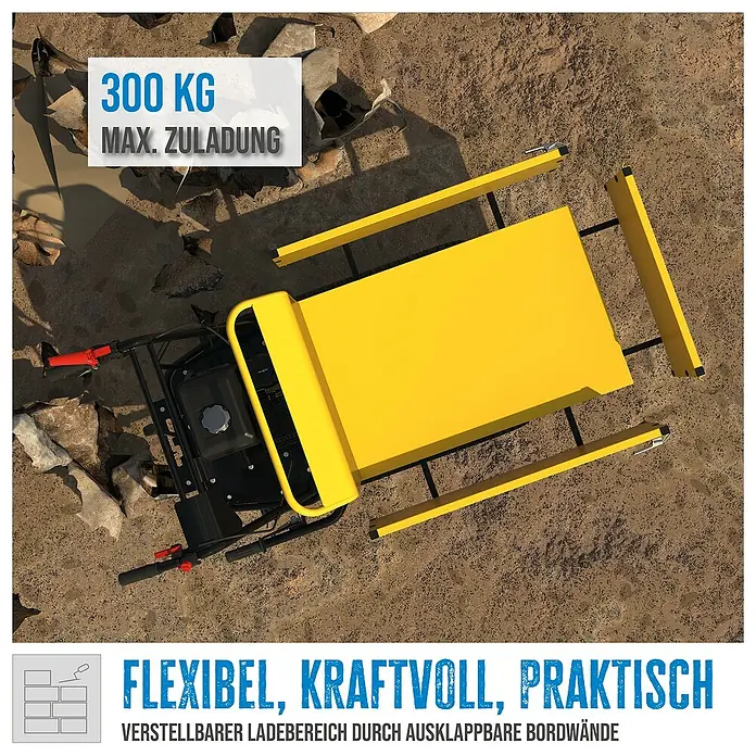 Güde Kettendumper GRD 300.1/R - 4.100 W - Das Bild zeigt eine gelbe Schubkarre mit ausgeklappten Bordwänden und einer maximalen Zuladung von 300 kg.