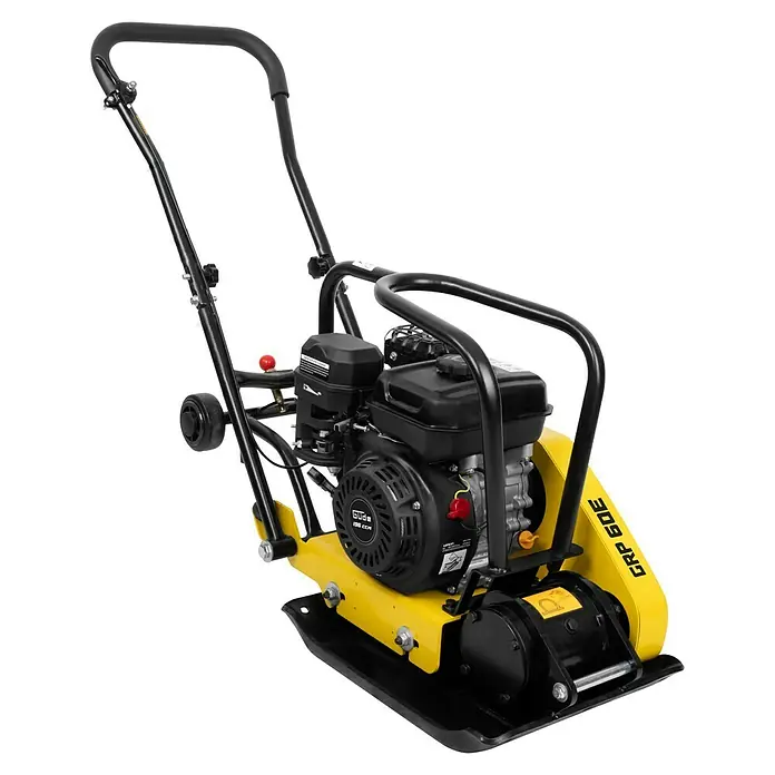 Güde Rüttelplatte GRP 60E - 4,1 kW - Bild einer gelben Guede GRP 60E Vibrationsplatte mit schwarzem Motor und Griff, ideal für Verdichtungsarbeiten im Garten- und Landschaftsbau.