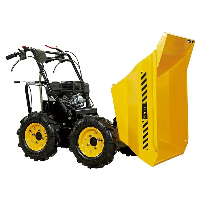 Güde Raddumper GAD 400.1/4x4 - Motorbetrieben, Fassungsvermögen: 120 l, Traglast: 400 kg - Das Bild zeigt eine Motorschubkarre von Güde, ein vielseitiges Gerät für Garten- und Bauarbeiten. Mit robuster Bauweise und gelber Mulde.