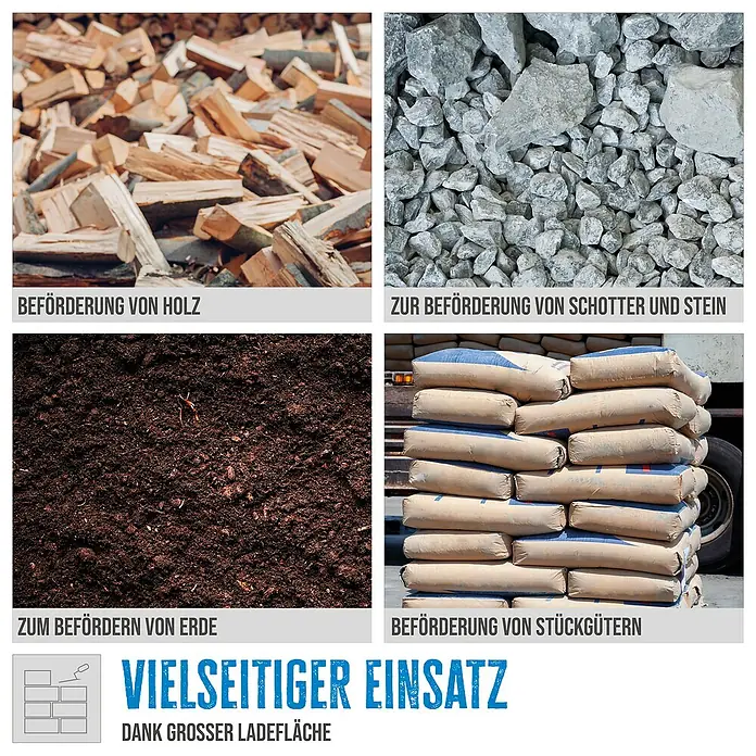 Güde Kettendumper GRD 300.1/R - 4.100 W - Verschiedene Materialien wie Holz, Schotter, Erde und Stückgüter für vielfältige Einsatzmöglichkeiten mit großer Ladefläche.