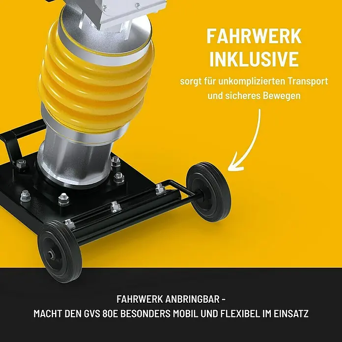 Güde Vibrationsstampfer GVS 80E - Max. Vorwärtsgeschwindigkeit: 10 m/min, Maße Stampfplatte: 340 x 280 mm, Verdichtungstiefe: 65 cm, Motorleistung: 4,1 kW - Das Bild zeigt einen gelben Stampfer mit Rädern für den einfachen Transport.