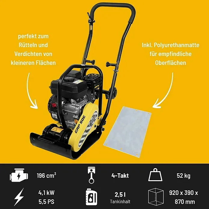 Güde Rüttelplatte GRP 50E - 4,1 kW, Verdichtungsdruck: 8,5 kN - Bild einer Rüttelplatte GRP 50E mit Polyurethanmatte, ideal zum Verdichten kleiner Flächen. Technische Daten sind dargestellt.
