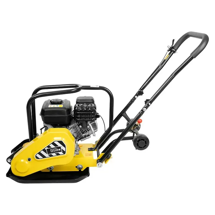 Güde Rüttelplatte GRP 60E - 4,1 kW - Eine gelb-schwarze Vibrationsplatte zum Verdichten von Bodenbelägen, ideal für Bauprojekte und Gartenbau.
