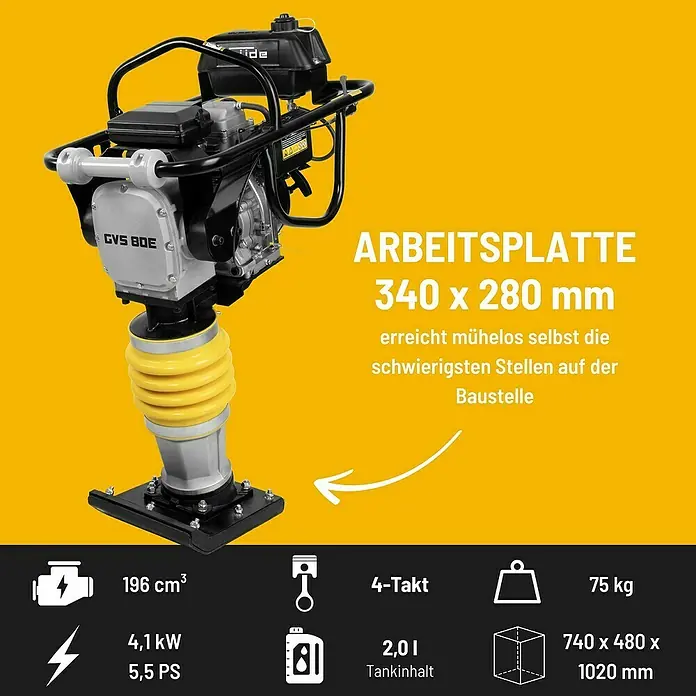 Güde Vibrationsstampfer GVS 80E - Max. Vorwärtsgeschwindigkeit: 10 m/min, Maße Stampfplatte: 340 x 280 mm, Verdichtungstiefe: 65 cm, Motorleistung: 4,1 kW - Das Bild zeigt eine gelb-schwarze GVS BOE Vibrationsstampfer Maschine mit technischen Details und Abmessungen auf gelbem Hintergrund.