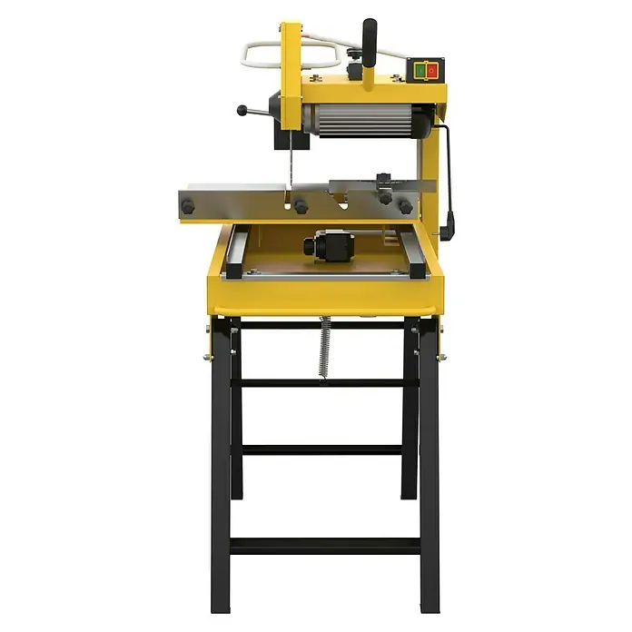 Güde Steintrennmaschine GSTM 350 - 2,2 kW, Max. Schnittlänge: 800 mm - Hier ist eine Nahaufnahme einer gelben Steinsägemaschine mit einem schwarzen Rahmen.