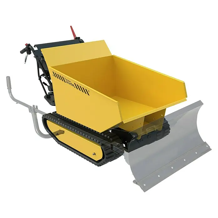 Güde Kettendumper GRD 500/R - Motorbetrieben, Fassungsvermögen: 230 l, Traglast: 500 kg - Abbildung eines gelben Guede Mini-Transporters mit Raupenantrieb und einer transparenten Schaufel an der Vorderseite.
