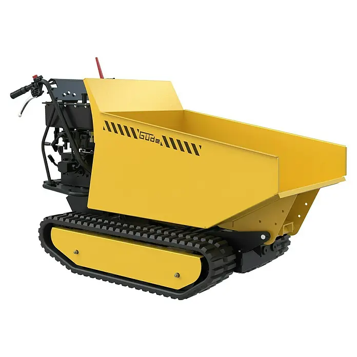 Güde Kettendumper GRD 500/R - Motorbetrieben, Fassungsvermögen: 230 l, Traglast: 500 kg - Bild einer gelben Güde Raupen-Minidumper, einer kompakten und vielseitigen Baumaschine für den Transport von Materialien auf engstem Raum.