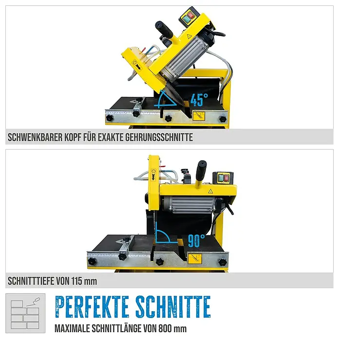 Güde Steintrennmaschine GSTM 350 - 2,2 kW, Max. Schnittlänge: 800 mm - Zwei Ansichten der Fliesenschneidmaschine, die 45- und 90-Grad-Schnitte zeigt.\n