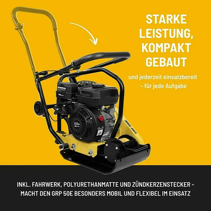 Güde Rüttelplatte GRP 50E - 4,1 kW, Verdichtungsdruck: 8,5 kN - Produktbild einer gelben und schwarzen GÜDE GRP 50E Rüttelplatte für den professionellen Einsatz.